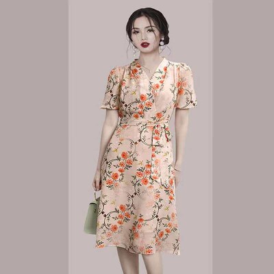 Silk Dress Womens Summer French V-neck Lace-up Elegant Wais