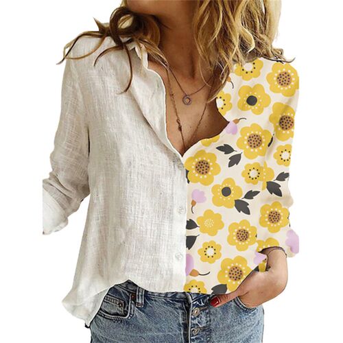 Fashion Women Buttons Long Sleeve Sunflower Cats Patchwork B