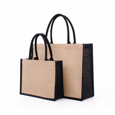 Women Foldable Jute Burlap Tote Bag DIY Blank Grocery Handba
