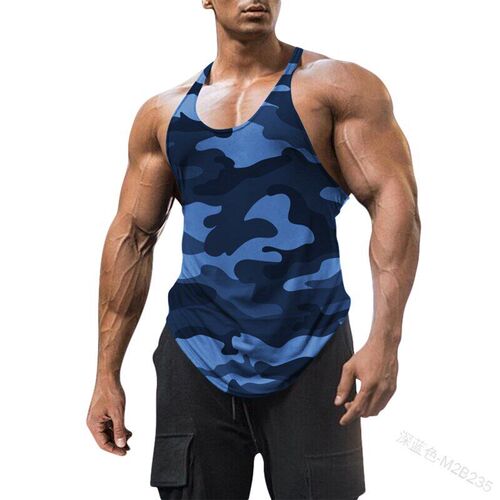 Mens Solid Color UNeck Sleeveless Camo Print Tight Vest Tops
