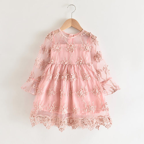 Girls solid color princess dress girls long sleeve flower