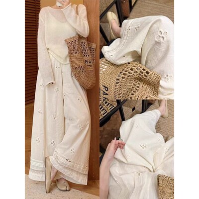 Hollow-out Lace Stitching Wide-leg Pants Womens Thin Dape L