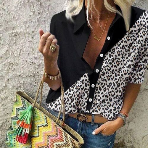 New Leopard White Spliced Shirts Women Elegant Fashion Ladie