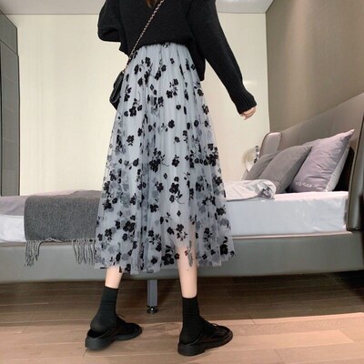 Long Tulle Skirt Women Vintage Butterfly Embroidery Elastic