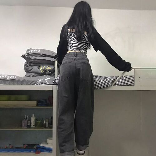 Women Jeans Vintage Adjustable High Waist BF Oversize Wide L