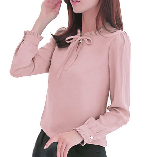 Spring  Women Blue Shirts Long Sleeve Stand Collar Bow Blous