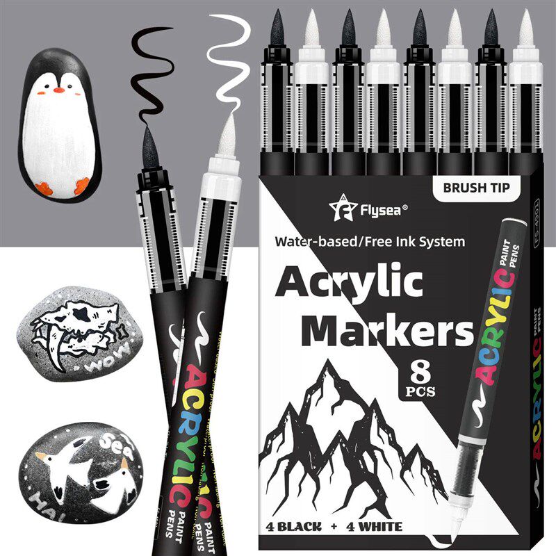 8pcs Black and White Acrylic Paint Markers Set, Large Ink Ca图片