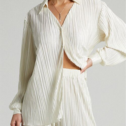Casual Womens Shirt Pleated Two Piece Set Green Loose High