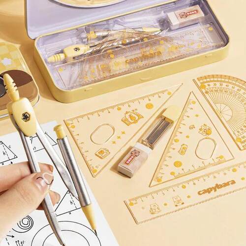7Pcs Cartoon Cute Student Rulers Protractor Compass Clear Sc