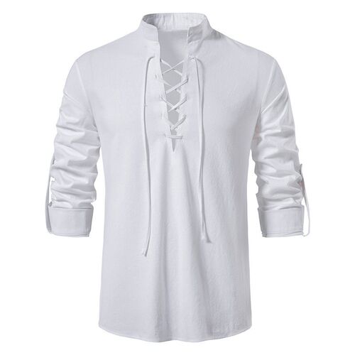 New Mens Cotton Linen Henley Shirts Long Sleeves Hippie Cas