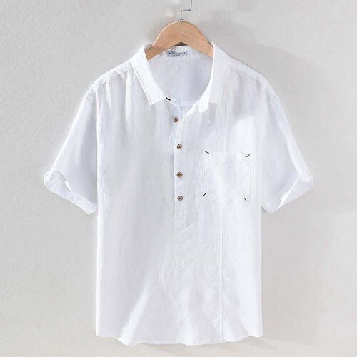Spring and summer new mens square collar yarn-dyed linen sh