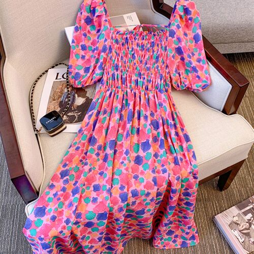 Circyy Dress Women Summer Pink Square Collar Sweet Puff Slee