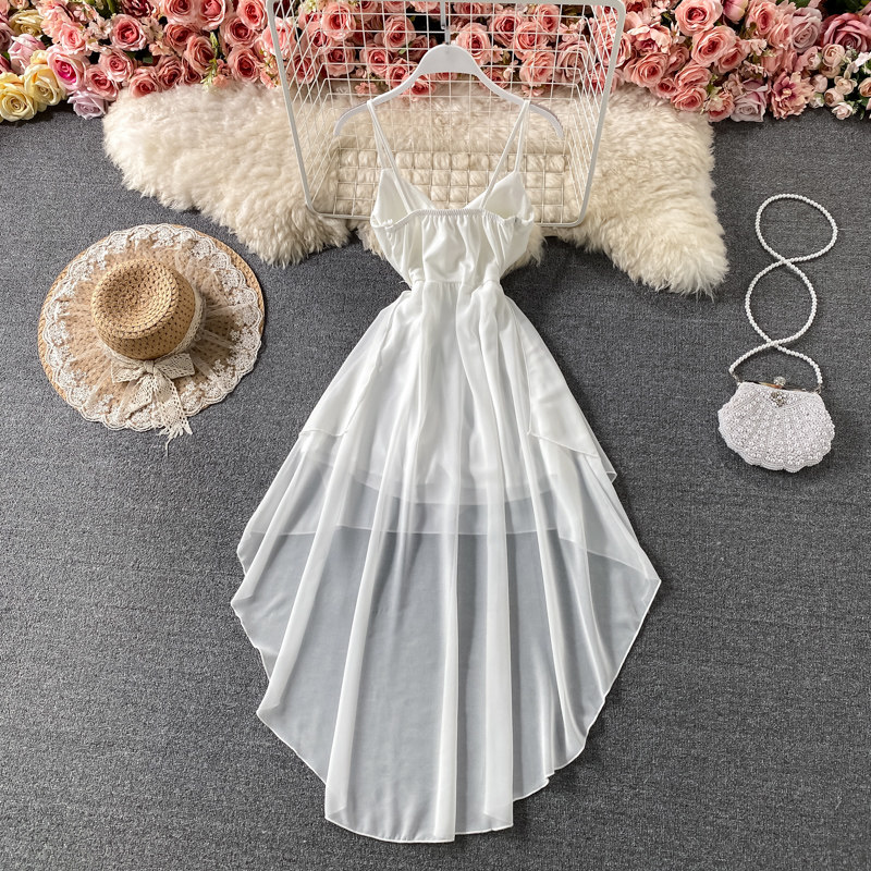 Summer Black/White Irregular Spaghetti Strap Long Dress图片
