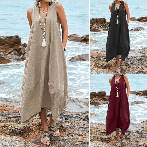 Cotton and linen collar pocket dress beach skirt