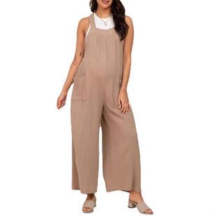 Summer beige wide leg pants pregnant women casual jumpsuit