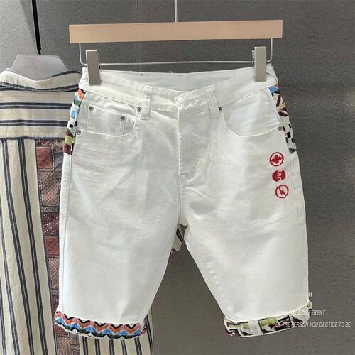 Summer Mens White Embroidery Denim Shorts Casual rendy Bran