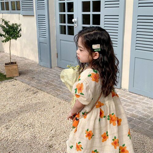 Orange Flower Bubble Sleeve Dress for Girls 2025 SpringSumme
