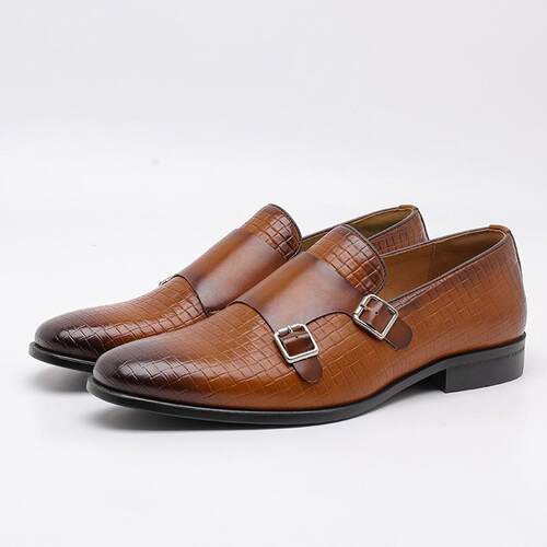 Mens Loafers Business Square-Toe Double Monk Strap Shoes