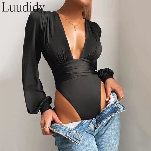 WomenSexy Puff Sleeve Glitter Cut Out Bodysuit