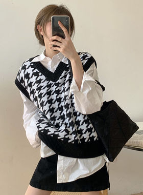 Women Sweater Vest Autumn Houndstooth Plaid V-neck Sleeveles