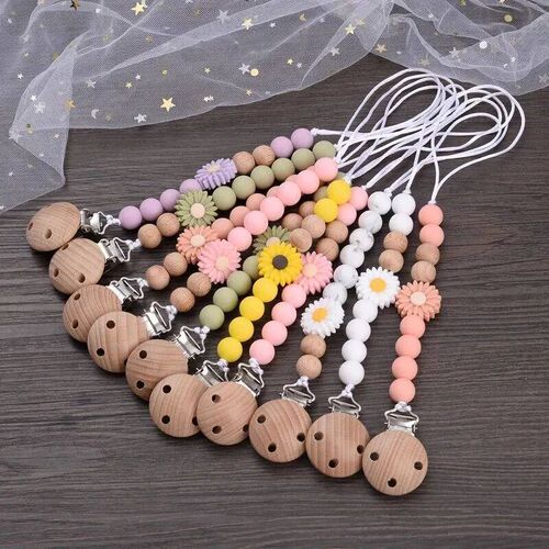 Baby Beech Wood Pacifier Silicone Flower Beaded Nipple Clips
