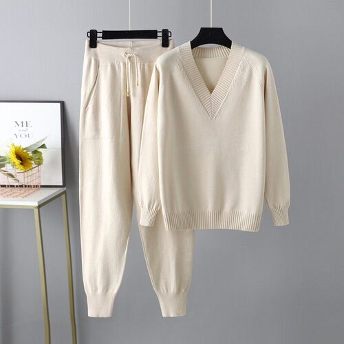 2023 Autumn Winter Womens V Neck Sweater Two Piece Set