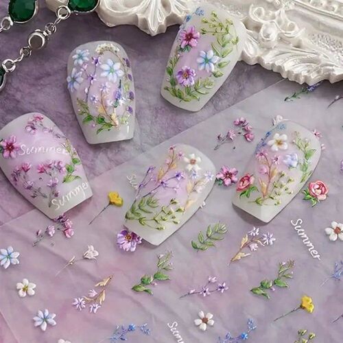 1pc Flower Nail ers Summer Floral Leaf Plant 5D Embossed Nai