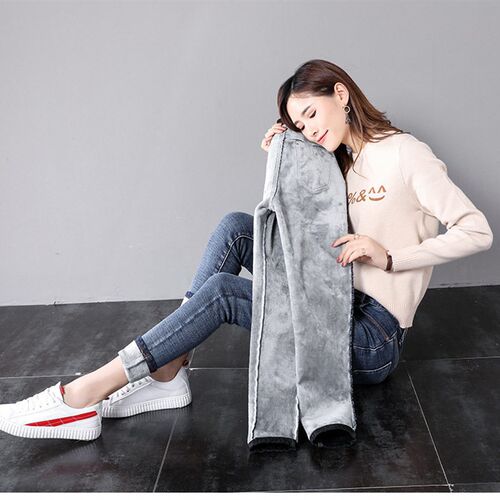 Women Ladies High Waist Fleece Lined Jeans Winter Solid Colo