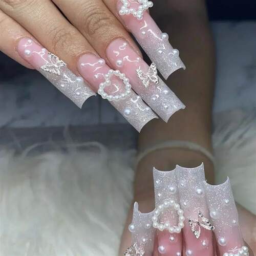 24Pcs Long Square Press on Nails Love Pattern Design Artific