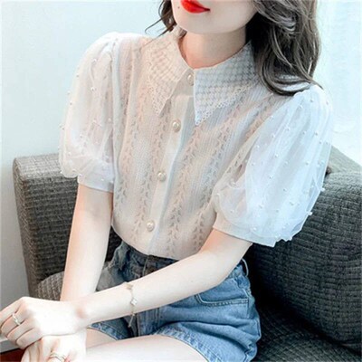 Fashion Lapel Beading Puff Sleeve Lace Oversized Shirt 2022