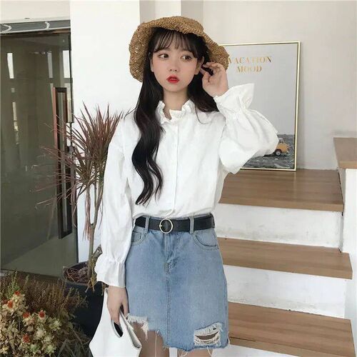 Ruffle Preppy White Shirt Oversize Women nd Korean Stand Col