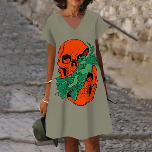 Fashion Ladies A-Line Dress V-Neck Short Sleeves New Skull