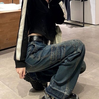 Women Vintage Washed Jeans High Sreet Loose Disressed High W