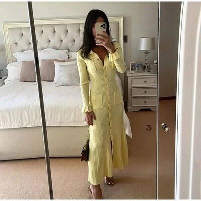 Winter Knitted Dress Women 2024 New Long Sleelve Ruffles