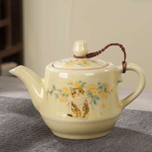 400ml萌猫家用泡茶壶黄色汝窑单壶304过滤网开片可养办公泡茶壶
