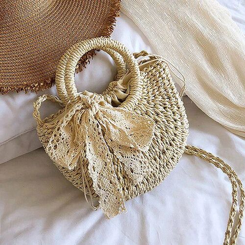 Handmade Half-Round Rattan Woven Straw Bag Summer Women Mess