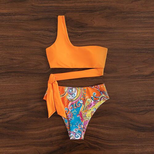 Printed Split Swimwear 2025 High Waist Bikini One Shoulder S