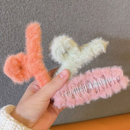 Korean  Women Plush Hair Claw Clips Furry Cross Hair Clip 11
