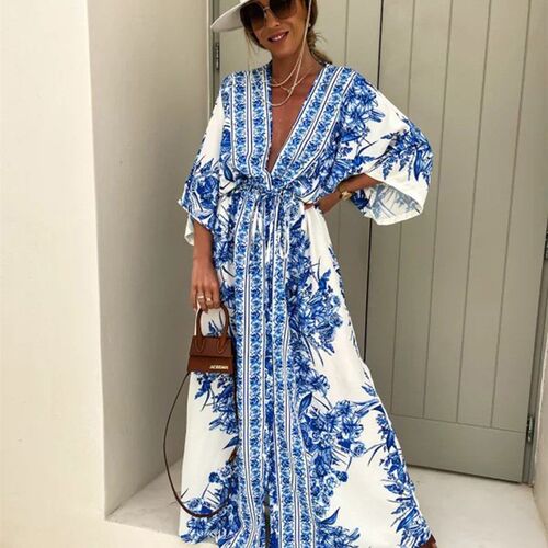 Women Elegant Pattern Print Party Dress Summer Fashion Tie-U