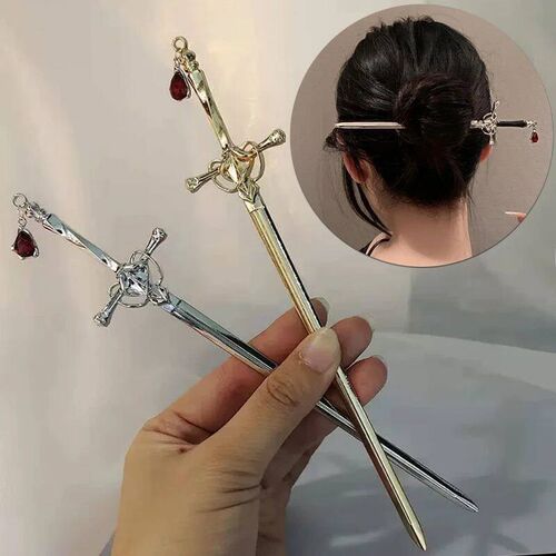 Chinese Sword Ruby Pendant Hairpins Vintage Punk Hair  Women