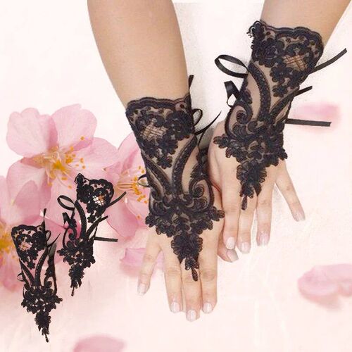 New Women Wedding Fingerless Gloves Lace White Black High Qu