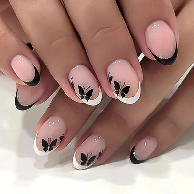 24Pcs Short Round Head Press on Fake Nails with Black Dot De
