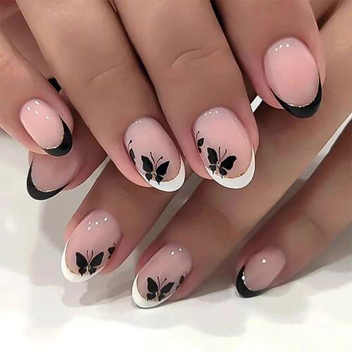 24Pcs Short Round Head Press on Fake Nails with Black Dot De