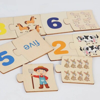 Wooden Number Matching Puzze Toys Montessori Early Education