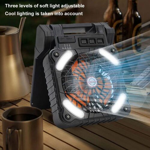 Solar Outdoor Tent Fan with LED Light USB Rechargeable Solar