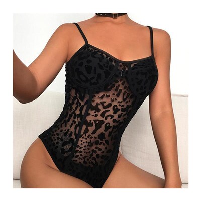 Summer Women Leopard Mesh Sheer Elegant Bodysuit Leotard Top