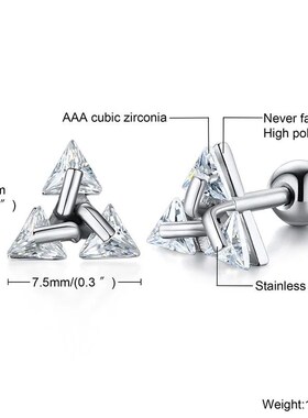 Men Stud Earring ,Triangle Pierced Crystal Zircon Stud Earri
