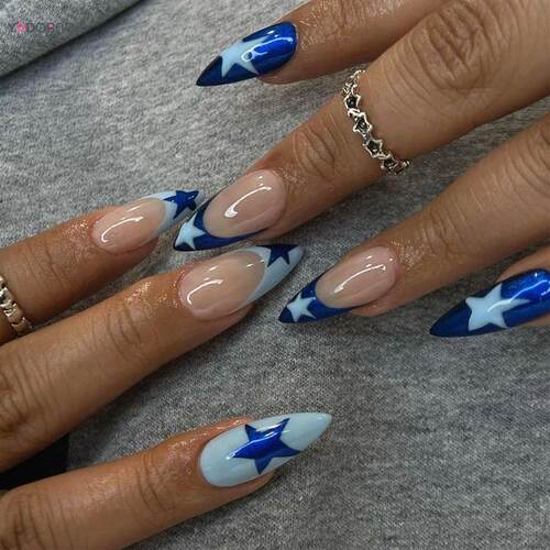 24pcs/set Almond Pink False Nail Blue Stars Design Fake Fing