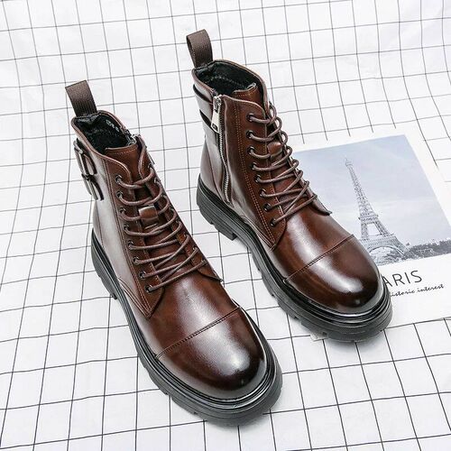 Winter Boots Fashion Brown Leather Mens High Boots Motorcyc