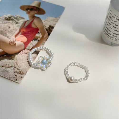 2Pcs/set Korean Fashion Sparkling Ring Imitation Pearls Bead